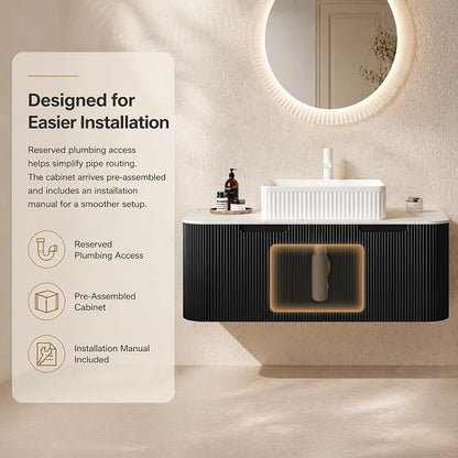 48 Inch Bathroom Vanity with Sink, Floating Wall Mounted Single Sink Vanity, Black Curved Fluted Front, Stone Top, White Textured Rectangular Vessel Basin, Pre-Assembled