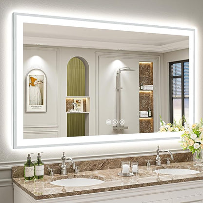 66x40 Inch Brushed Nickel LED Bathroom Mirror, Backlit & Front Lit | Silver Framed Anti-Fog Lighted Vanity Mirror with Lights, 3 Color Dimmable, Memory, HD Tempered Glass, CRI95, IP54, UL Listed