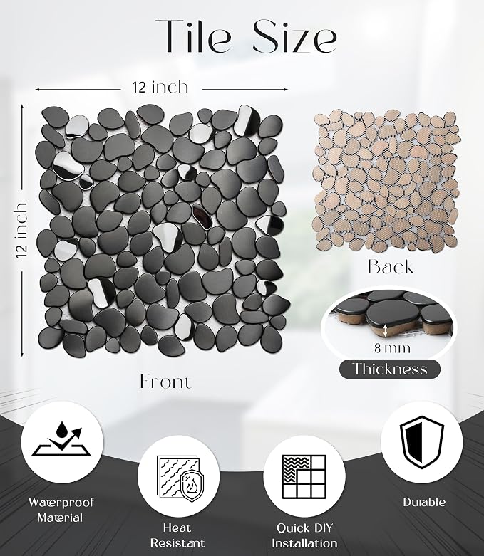 Black Tile Backsplash Pebble Tile Metal Mosaic Tiles for Kitchen Backsplash Bathroom Shower Floor【5 Sheets】