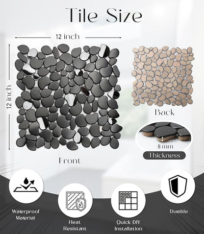 Black Tile Backsplash Pebble Tile Metal Mosaic Tiles for Kitchen Backsplash Bathroom Shower Floor【5 Sheets】