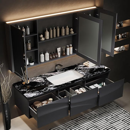 Single/Double Sink Bathroom Vanity, Solid Wood Vanity with Smart Defog Mirror Cabinet, Floating Vanity Cabinet with Storage