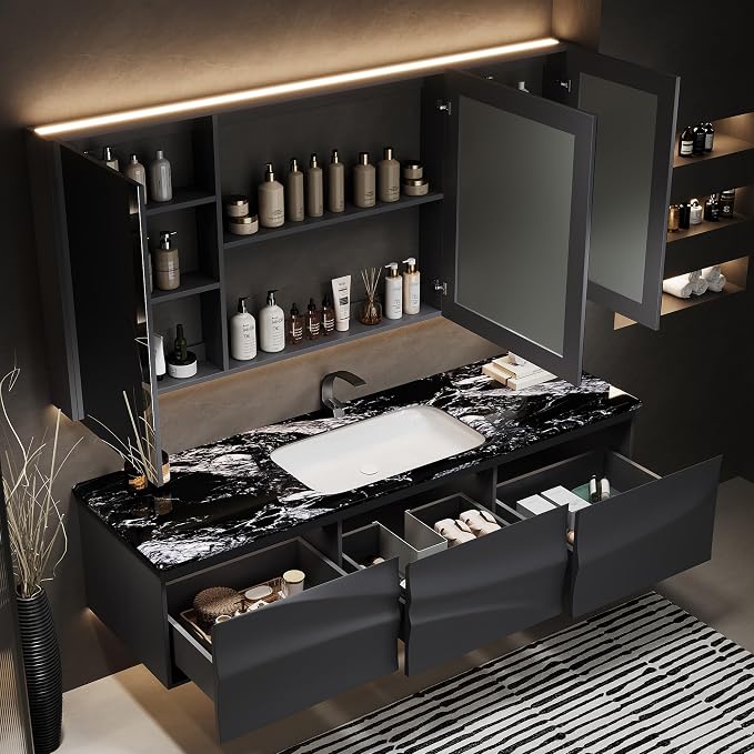 Single/Double Sink Bathroom Vanity, Solid Wood Vanity with Smart Defog Mirror Cabinet, Floating Vanity Cabinet with Storage