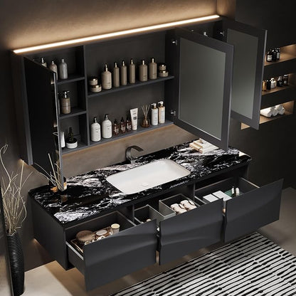 Single/Double Sink Bathroom Vanity, Solid Wood Vanity with Smart Defog Mirror Cabinet, Floating Vanity Cabinet with Storage
