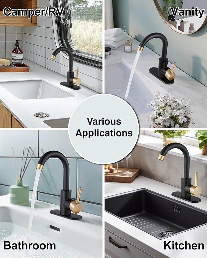 Midanya Single Hole Bathroom Faucet 1 Hole Bar Sink Faucet Suitable for Kitchen RV Vanity,304 Stainless Steel 360° Swivel Spout with Deck Plate and Pop-up Drain,Brushed Gold and Matte Black