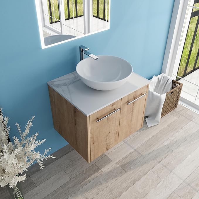 24" Floating Vanity with Sink, 24 Inch Bathroom Vanity with Sink, Modern Plywood Floating Cabinet with Sintered Stone Countertop and White Ceramic Basin, Soft Close Doors