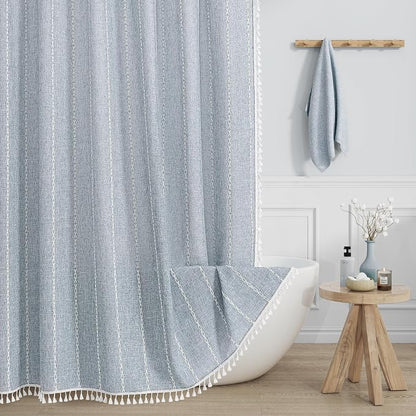 Boho Striped Tassel Linen Shower Curtain,3D Embroidery Stripe Blue,60x72 | Wide Tub,310GSM Striped Texture Heavy Duty Cloth,Water Repellent,Weighted Hem,Wrinkle Resistant,Farmhouse Rustic Country
