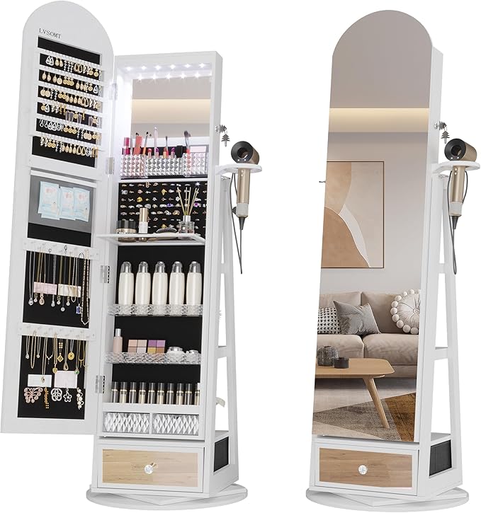 LVSOMT 64" H Arched LED Mirror Jewelry Cabinet Standing, White | 360° Swivel Full-Length Mirror with Storage, Lockable Jewelry Organizer with Inner Makeup Shelf, Gift for Women