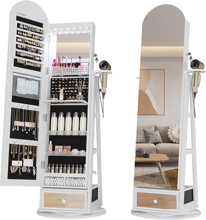 LVSOMT 64" H Arched LED Mirror Jewelry Cabinet Standing, White | 360° Swivel Full-Length Mirror with Storage, Lockable Jewelry Organizer with Inner Makeup Shelf, Gift for Women