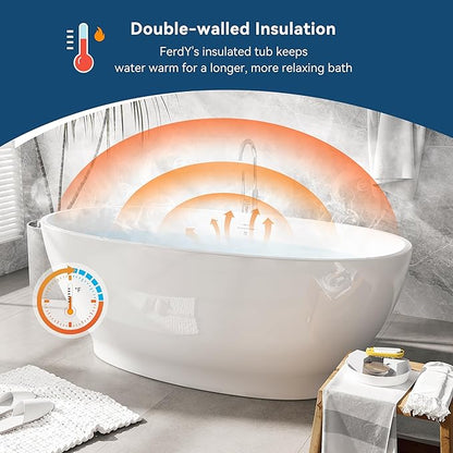 FerdY Koh Samui 65" Freestanding Bathtub, Elegant Oval Shape, Double Walled Insulation Bathtub with Center Polished White & Minimalist Linear Design Overflow