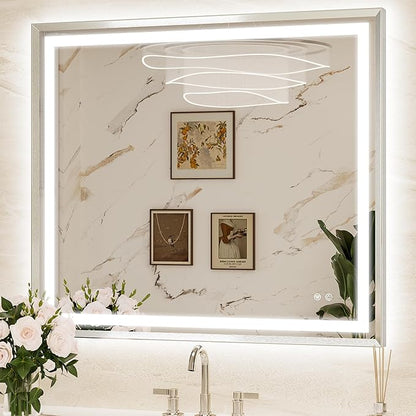 Keonjinn 42x36 Inch Nickel LED Bathroom Mirror with Lights, Beveled Edge | Frontlit & Backlit, Lighted Bathroom Mirror, HD Tempered Glass, 3 Color Temperatures, Anti-fog, Stepless Dimmable