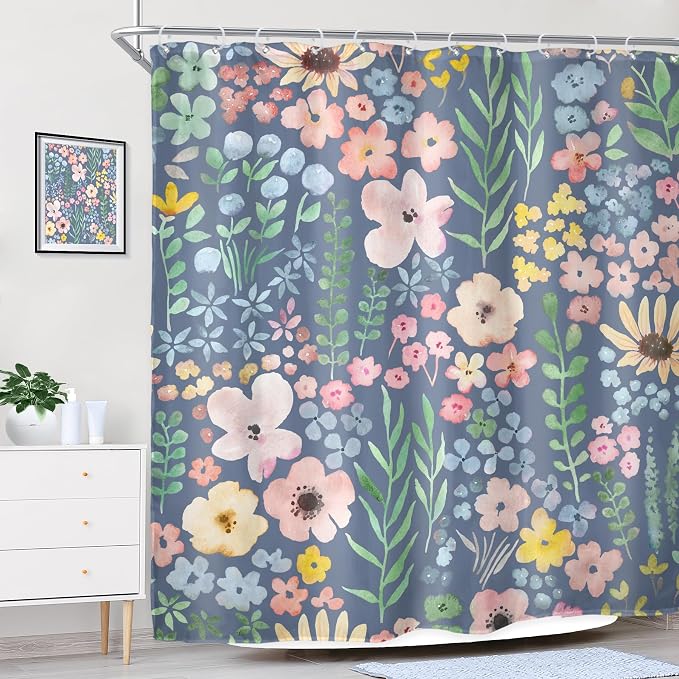 Blue Floral Cute Colorful Kids Girly Spring Art Bathroom Shower Curtain Set | 72"W x 72"H Botanical Plants; waterproof HD print, quick-dry fabric with 12 hooks for easy hanging.