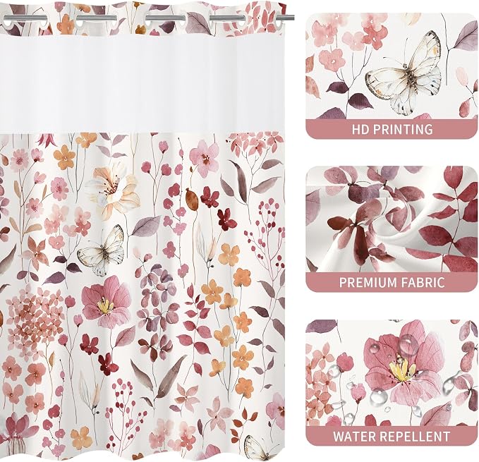 No Hook Burgundy Watercolor Floral Shower Curtain and Liner Set, 72x80 | Spring Flower Shower Curtains with Snap-in Liner for Farmhouse Bathroom Decor, Botanical Bathroom Curtain with Leaves