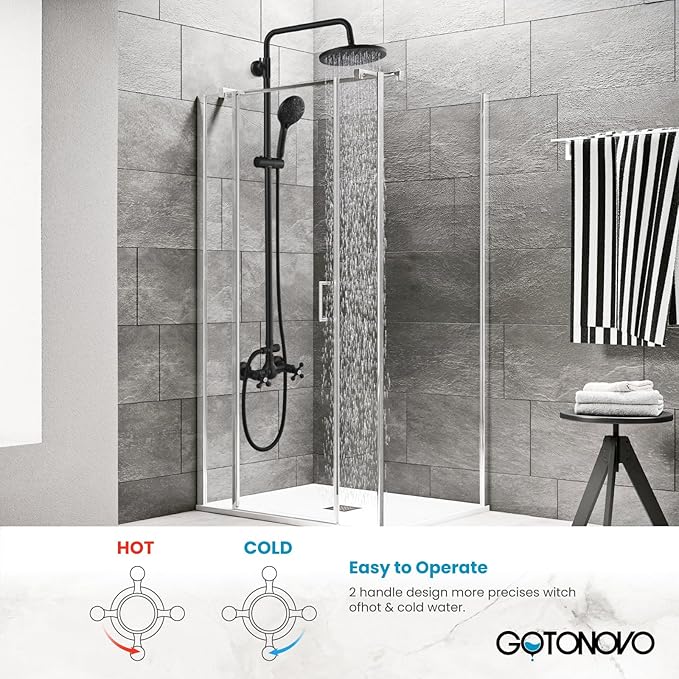 gotonovo Exposed Shower Faucet System 8 Inch Rainfall Shower Head with 8 Function ABS Handheld and Double Cross Handle Wall Mounted Bathroom Luxury Mixer Shower Gourd Faucet Body Matte Black