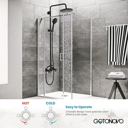 gotonovo Exposed Shower Faucet System 8 Inch Rainfall Shower Head with 8 Function ABS Handheld and Double Cross Handle Wall Mounted Bathroom Luxury Mixer Shower Gourd Faucet Body Matte Black