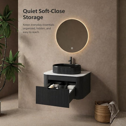 30 Inch Bathroom Vanity with Sink, Floating Wall Mounted Single Sink Vanity, Black Curved Fluted Front, Stone Top, Black Textured Oval Vessel Basin, Pre-Assembled