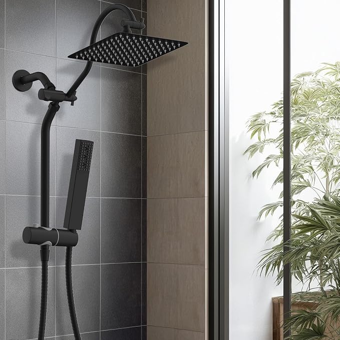 Hibbent 10'' Rainfall Shower Head with 4-mode Handheld Spray, Matte Black | cUPC Certified High Pressure Showerhead Combo, 12'' Adjustable Extension Arm, Extension Bar, Easy Reach Holder, 71'' Hose