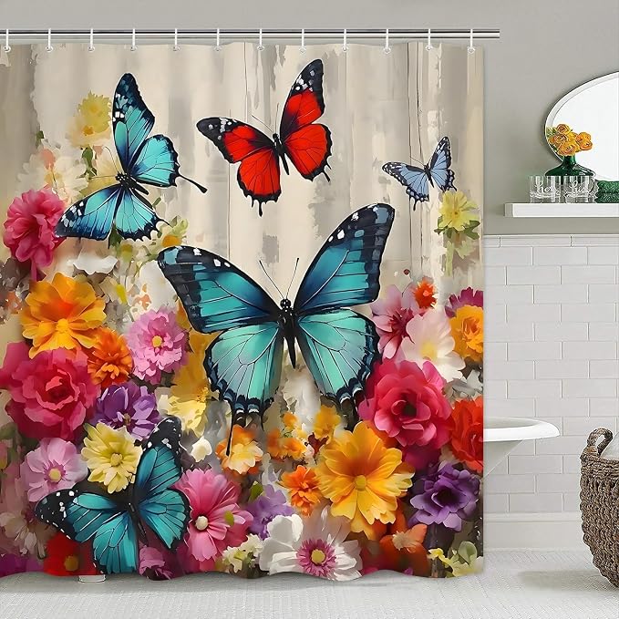 Chrainy 4pcs Flower Butterflies Shower Cutain Set Bathroom Decor with Rugs | Floral Bath Accessories with Waterproof Curtain, Bath Mat, Toilet Lid Cover, U-Shaped Rug and 12 Hooks for Washroom, 71*71in