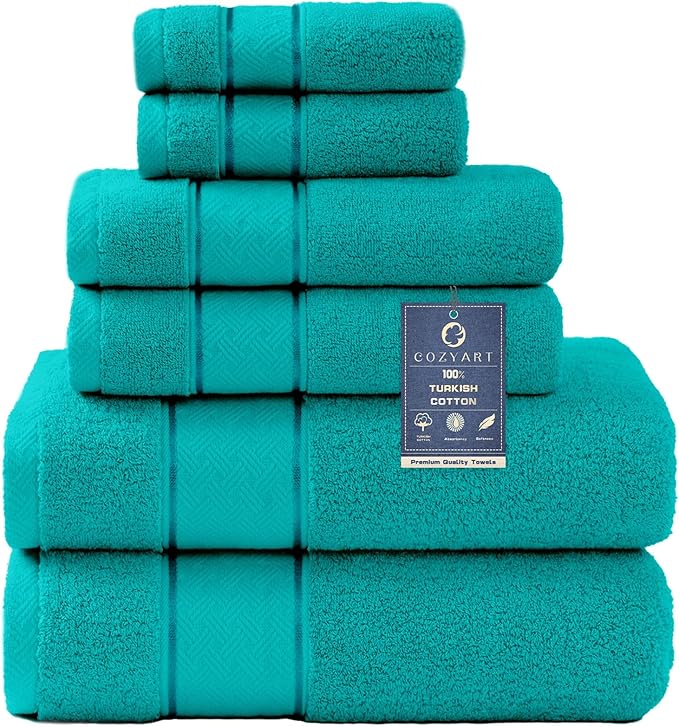 COZYART Bath Towel Set 6 PCS, Turquoise 100% Turkish Cotton 650GSM Soft | Absorbent Quick Dry, OEKO‑Tex 100 Cert. Zero Twist Ring Spun Cotton, Plush Fluffy, Breathable Hotel Quality Bathroom Towels