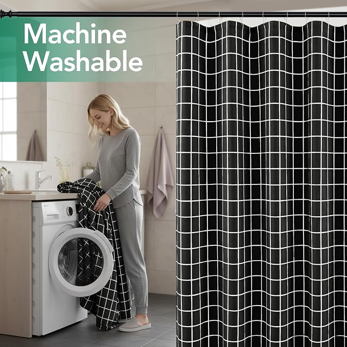Black Farmhouse Shower Curtain-Fabric Extra Long Shower Curtains Bathroom | 72"Wx84"L Faux Linen Grid Minimalist Simple Rustic Neutral Shower Curtain Decor-Cloth Geometric Plaid Washable Hotel Quality