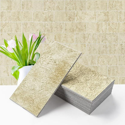 Vamos Tile 100-Piece Peel and Stick Backsplash Seamless Tile,3''x6'' Textured Beige Travertine with White Grout PVC Subway Tile,Stick on Backsplash for Kitchen/Bathroom/Laundry Room
