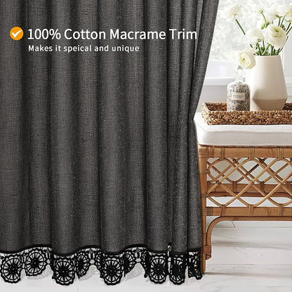 Linen Boho Lace Shower Curtain Liner Set 72x72 | Farmhouse Shower Curtain with Macrame Decor, Bohemian Cotton French Country Bath Curtain , Dark Grey