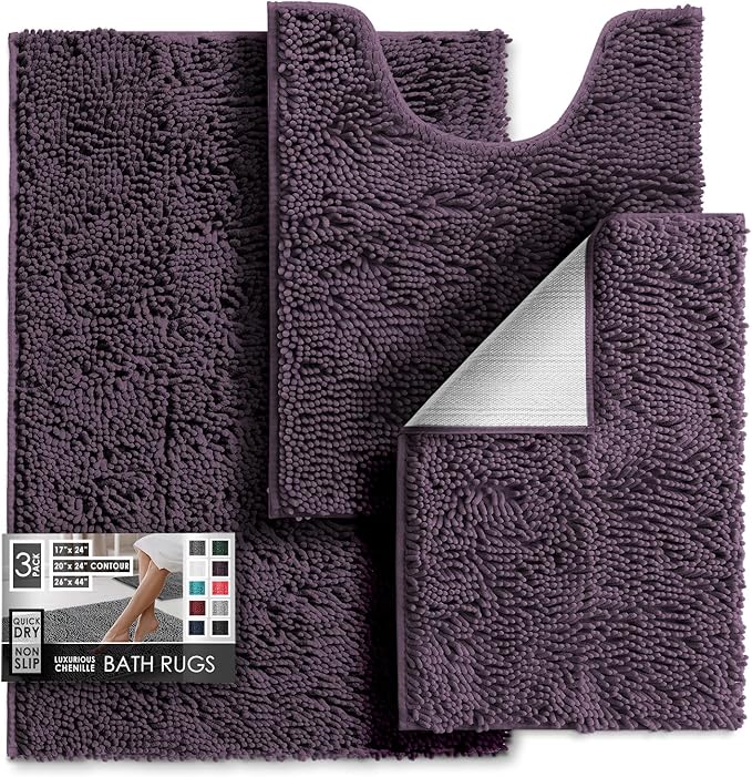 Hearth & Harbor Bathroom Rugs, Chenille Bath Mat - Machine Washable Bath Mats for Bathroom Non-Slip Backing Rubber, Quick Dry Mat - Purple Bath Rug, 17x24-26x44-20x24