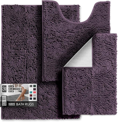 Hearth & Harbor Bathroom Rugs, Chenille Bath Mat - Machine Washable Bath Mats for Bathroom Non-Slip Backing Rubber, Quick Dry Mat - Purple Bath Rug, 17x24-26x44-20x24