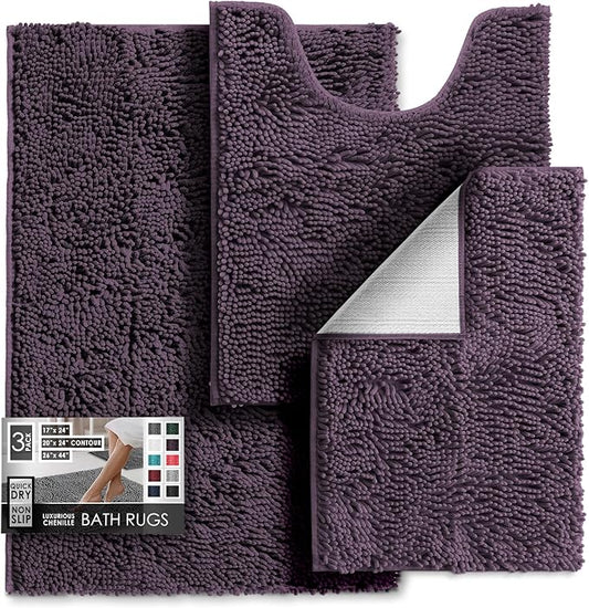 Hearth & Harbor Bathroom Rugs, Chenille Bath Mat - Machine Washable Bath Mats for Bathroom Non-Slip Backing Rubber, Quick Dry Mat - Purple Bath Rug, 17x24-26x44-20x24