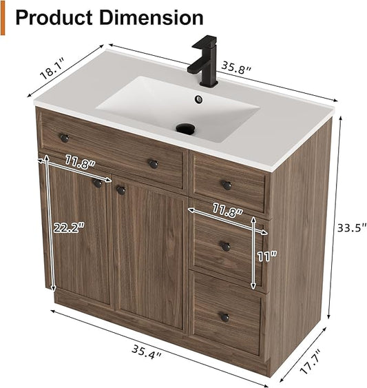 LUCKWIND 36" Bathroom Vanity Sink Combo, Modern Bathroom Cabinet with Undermount Solid Surface Vanity Sink, Soft-Close Hinges & Water-Saving Faucet, Taupe