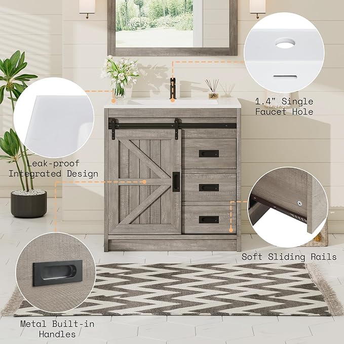 AMERLIFE Farmhouse Bathroom Vanity with Sink Combo, 31in Sliding Barn Door Bathroom Vanity Cabinet Set with Storage Drawers, Metal Handles, Small Single Bath Storage Vanity Sink, Light Grey