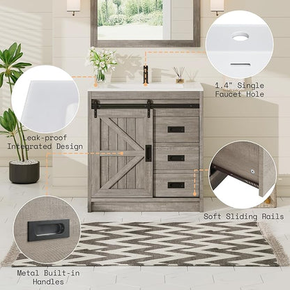 AMERLIFE Farmhouse Bathroom Vanity with Sink Combo, 31in Sliding Barn Door Bathroom Vanity Cabinet Set with Storage Drawers, Metal Handles, Small Single Bath Storage Vanity Sink, Light Grey