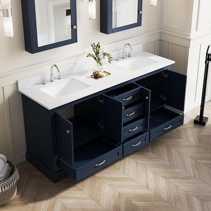 WELLFOR 72 Inch Bathroom Vanity with Double Sinks, Solid Wood Bathroom Vanity W/4 Soft-Close Doors and 6 Drawers, Cultured Marble Countertop Bathroom Vanities W/Two Sinks, (Navy Blue)