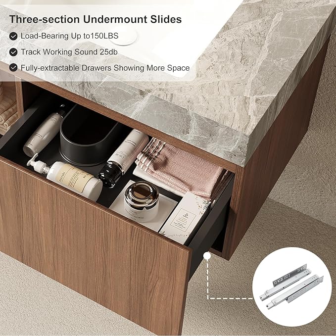 Ambrovina 30" Floating Bathroom Vanity with Sink, Modern Plywood Bathroom Storage Cabinet with Drawer and Door, Light Gray Sintered Stone Countertop and White Ceramic Basin, Pre-Assembled, Dark Oak
