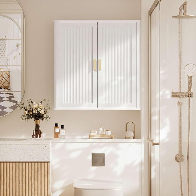 INNOD Bathroom Storage Cabinet, Over The Toilet Storage Cabinet, Medicine Cabinet with Adjustable Wood Shelf & Doors for Laundry Room & Kitchen & Living Room(White)