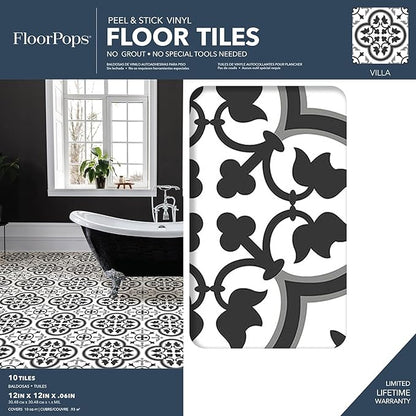 FloorPops 12-in by 12-in Villa Peel and Stick Floor Tiles (10 Tiles), (10 sq.ft./Carton), Black and White