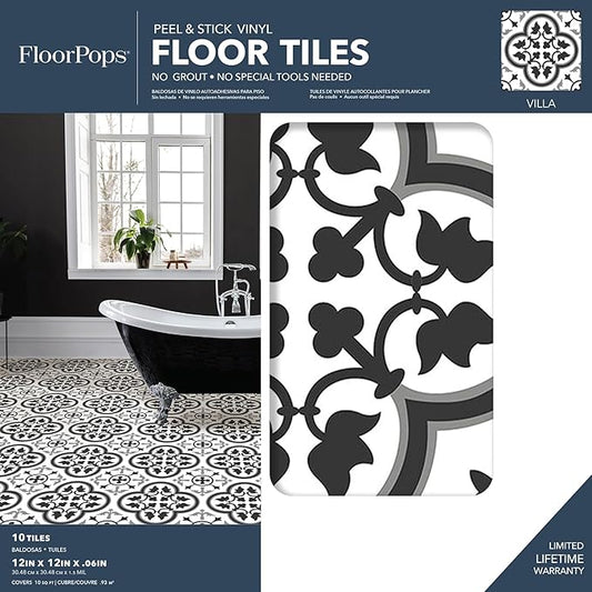 FloorPops 12-in by 12-in Villa Peel and Stick Floor Tiles (10 Tiles), (10 sq.ft./Carton), Black and White