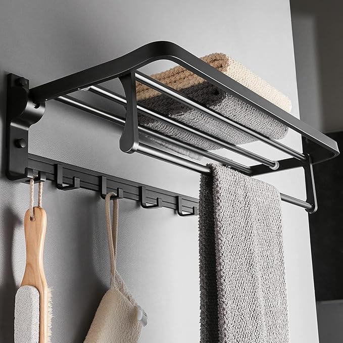 Towel Rack Wall Mount for Bathroom with Towel Bar and Hooks 23.6 in Foldable Towel Shelf Lavatory Towel Organizer Matte Black