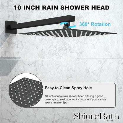 10 Inch Shower Faucet Set with Tub Spout Wall Mounted Shower System for Bathroom with High Pressure 10 Inch Rain Shower head and Handheld Shower Head Set, Matte Black