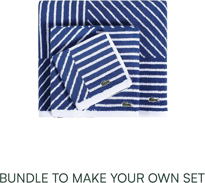 Lacoste Guethary Striped Towel – 100% Cotton, Reversible Modern Geometric Design, Soft & Absorbent, Durable & Lightweight, Machine Washable – Surf Blue, 16"x30" Hand Towel