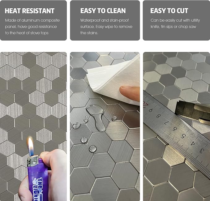 Stainless Steel Backsplash Peel and Stick Hexagon Tile, Self-Adhesive Aluminum Peel and Stick Wall Tiles for Kitchen Bathroom Fireplace (6 Sheets)