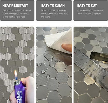 Stainless Steel Backsplash Peel and Stick Hexagon Tile, Self-Adhesive Aluminum Peel and Stick Wall Tiles for Kitchen Bathroom Fireplace (6 Sheets)