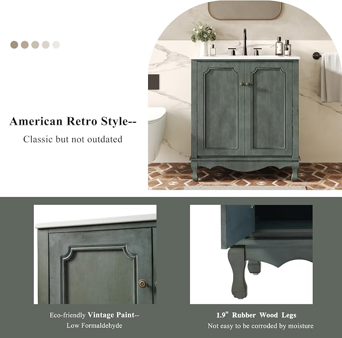 Merax 30" Vintage Bathroom Vanity with Sink, Bathroom Storage Vanity Cabinet with 2 Doors & Rubber Wood Legs & Adjustable Shelves & Antique Handles, Soft-Close Hinges, Antique Blue