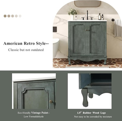 Merax 30" Vintage Bathroom Vanity with Sink, Bathroom Storage Vanity Cabinet with 2 Doors & Rubber Wood Legs & Adjustable Shelves & Antique Handles, Soft-Close Hinges, Antique Blue