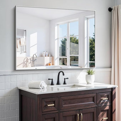 KOCUUY Silver Bathroom Mirror, 48"x36" Large Rectangle Bathroom Mirror for Wall, HD Tempered Glass, Anti-Rust Brushed Silver Frame, Modern Design for Bathroom, Bedroom, Hang Horizontal/Vertical