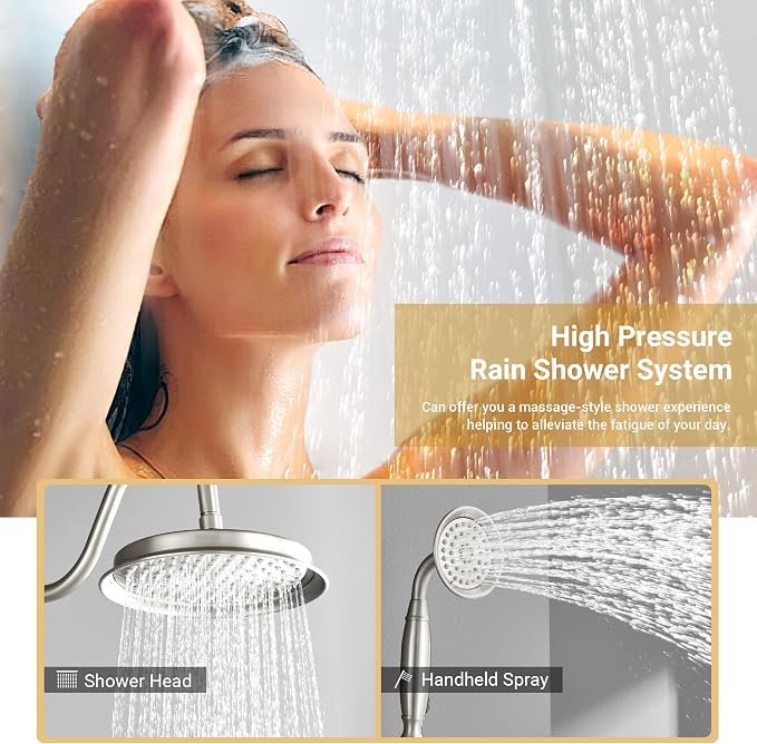 DASAN Rain Shower System Complete Antique Shower Faucet Sets, Shower Fixtures Combo with Pressure Balance Valve, Trim Kit, 9’’ Rainfall Overhead Shower & Handheld, Color Brushed Nickel AT209C-BN