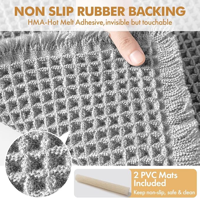 MIULEE Set of 2 Waffle Bathroom Rugs Boho Bath Mat Light Grey 17x24 Inch | Non Slip, Super Absorbent, Washable, Ultra Soft, Rubber Backed, Small Bath Rugs for Bathroom Floor Tub Shower