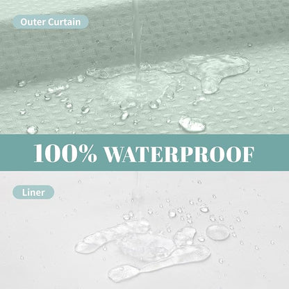 No Hook Waffle Shower Curtain with Snap-in Liner, 71x80 Inch, Mint Green | 230 GSM waffle weave fabric, waterproof liner set with 2 bottom magnets, mesh top window, washable, for bathroom or hotel use