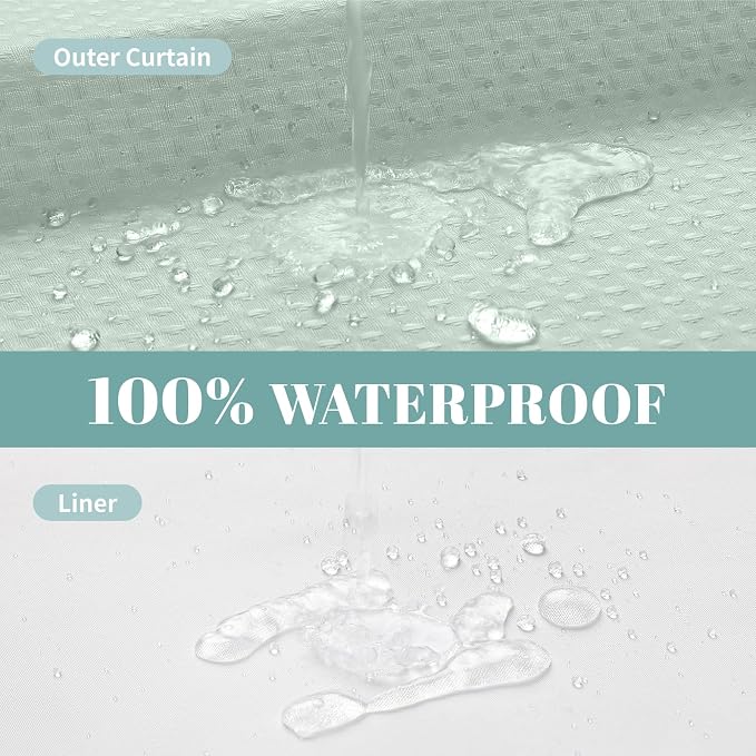 No Hook Waffle Shower Curtain with Snap-in Liner, 71x77 Inch, Mint Green | 230 GSM waffle weave fabric, waterproof liner set with 2 bottom magnets, mesh top window, washable, for bathroom or hotel use