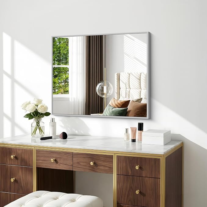 BONEWEI Silver Bathroom Mirror,24x30 inch Wall Mirror for Bathroom Wall Mounted,Rectangle Mirror for Bathroom Over Sink,Modern Metal Frame for Living Room,Bedroom Entryway,Horizontal/Vertical