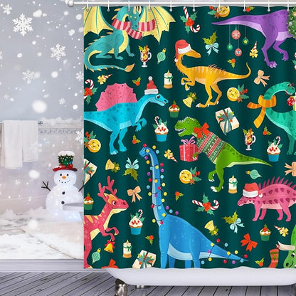 Shower Curtain Christmas, Green Kids Shower Curtain Santa's Hat Dinosaur Party Gift Box Cake Candy Jingling Bell String Light Xmas Theme Machine Wash Home Farmhouse Waterproof Decor Bathroom Curtain